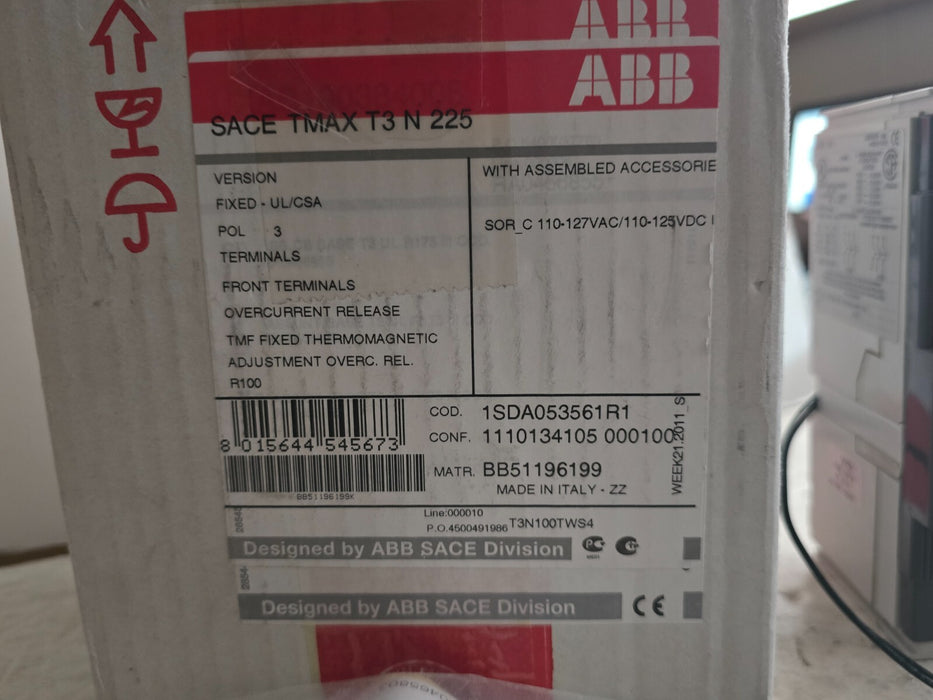 ABB SACE TMAX T3 N 225 T3N100TW-S4 100A, 3-P, SHUNT TRIP CIRCUIT BREAKER NSMP