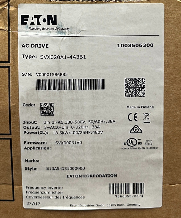 EATON SVX020A1-4A3B1 / SVX020A14A3B1 SVX9000 AC INVERTER DRIVE 18.5kW/25HP NSFS