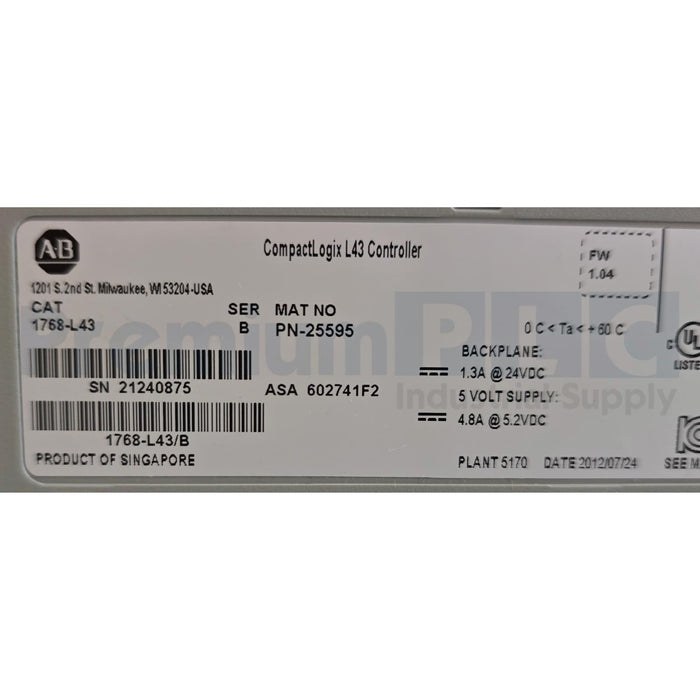 ALLEN BRADLEY 1768-L43 /B CompactLogix L43 CONTROLLER W/ 2MB MEM. NSMP (READ)
