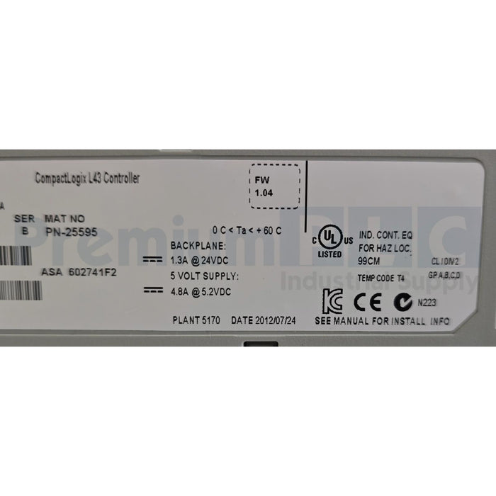ALLEN BRADLEY 1768-L43 /B CompactLogix L43 CONTROLLER W/ 2MB MEM. NSMP (READ)
