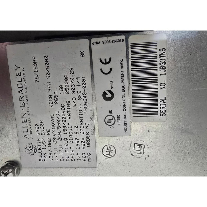 ALLEN BRADLEY 1397-B150R DC DRIVE 75/150HP IN:230/460VAC OUT:240/500VDC USPI