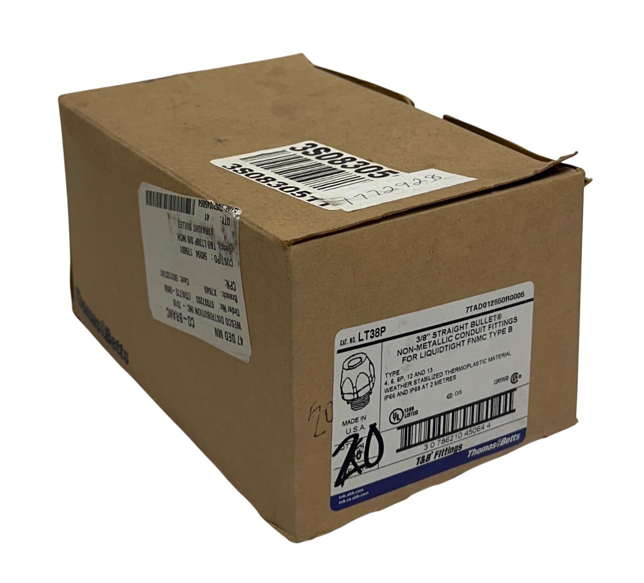 20 THOMAS & BETTS ABB 7TAD012550R0005 / LT38P STRAIGHT BULLET FITTING 3/8'' NSMP