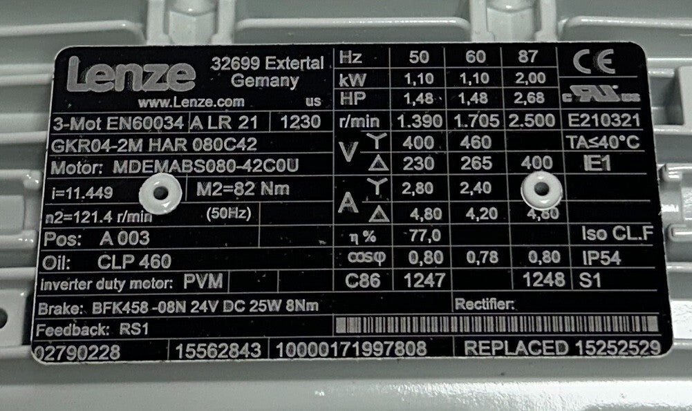 LENZE GKR04-2M HAR 080C42 / MDEMABS080-42C0U GEARMOTOR W/ BRAKE 15562843 NSNP