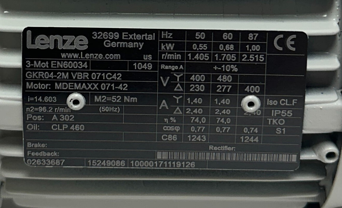 LENZE GKR04-2M VBR 071C42 / MDEMAXX 071-42 GEARMOTOR 3PH GEARBOX 15249086 NSNP