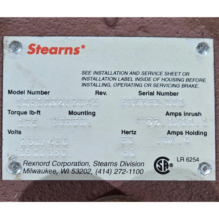 STEARNS 108102202045 81000 SPRING-SET DISC BRAKE 175 FT-LB 230/460V 1-081-022-02