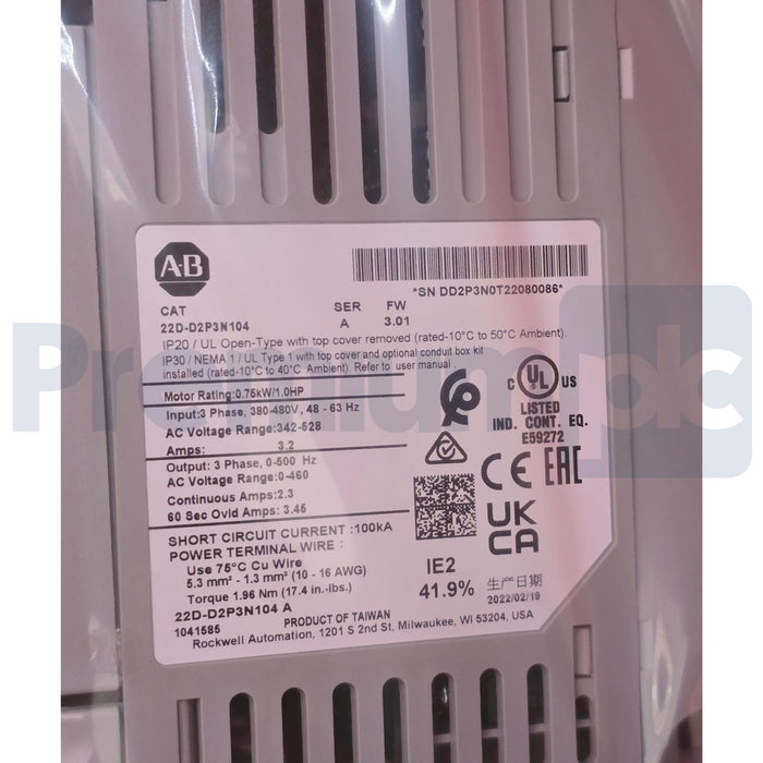 ALLEN BRADLEY 22D-D2P3N104 /A PowerFlex 40P AC DRIVE FW 3.01 1.0HP 480VAC NSMP