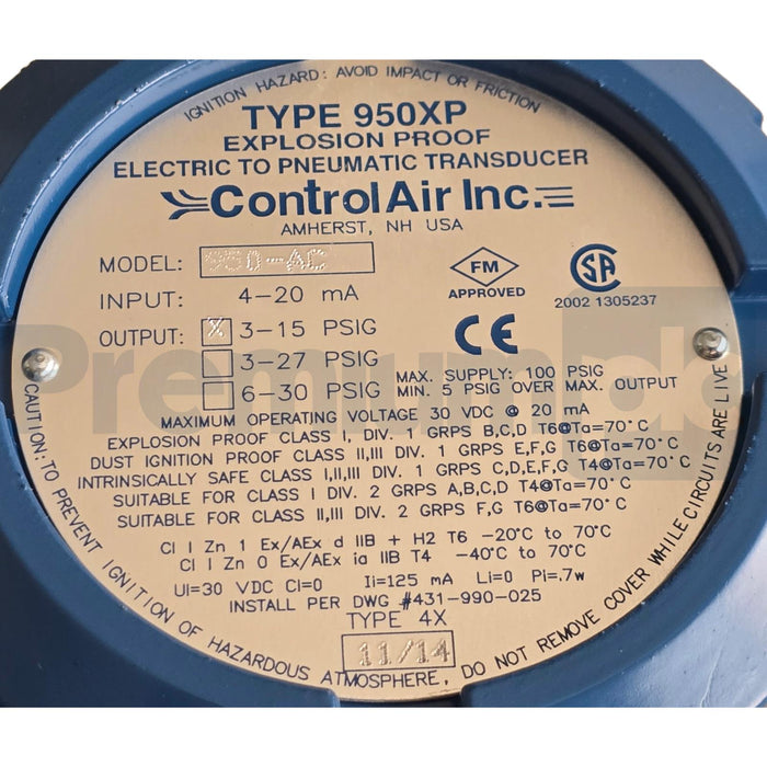 ControlAir 950-AC TYPE 950XP EXPLOSION-PROOF I/P TRANSDUCER 4-20mA 3-15psi NSMP