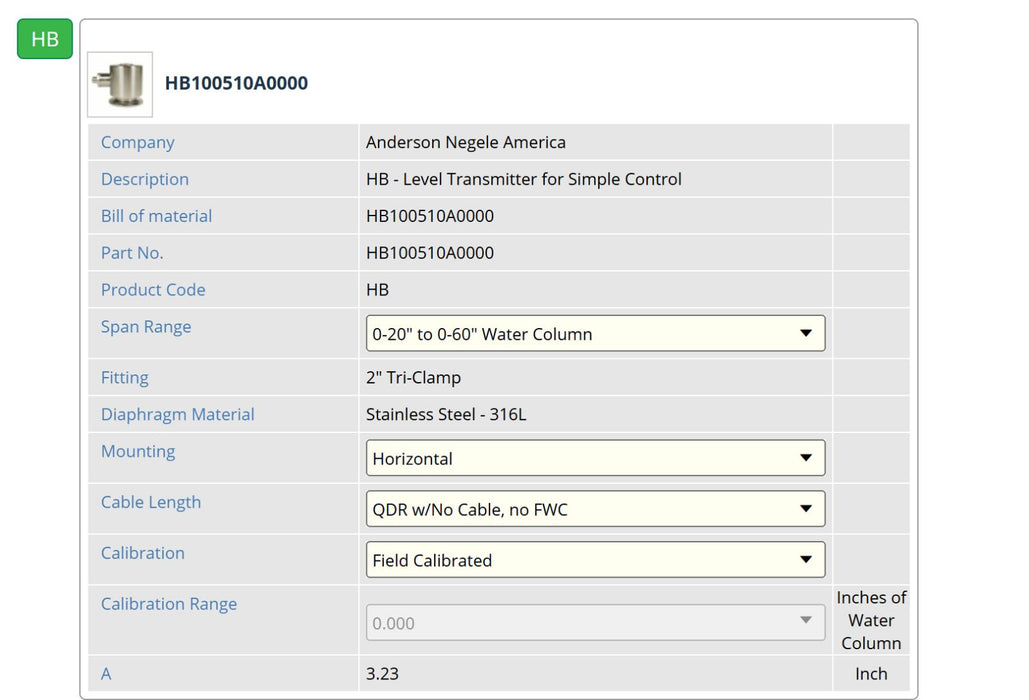 ANDERSON NEGELE HB100510A0000 HB MINI HYDROSTATIC LEVEL TRANSMITTER SS/316L NSNP