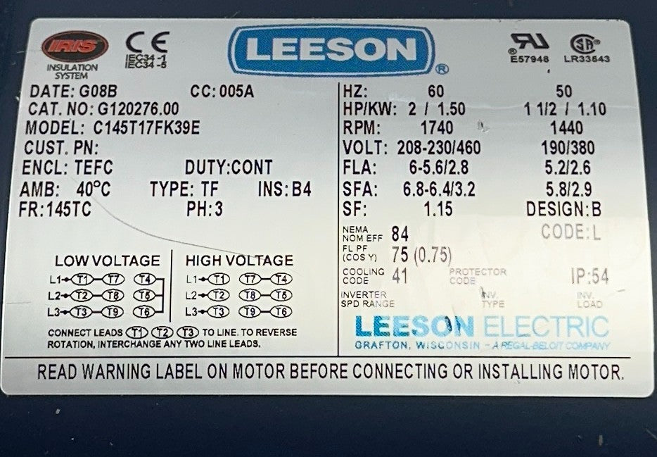 LEESON G120276.00 / C145T17FK39E INDUSTRIAL ELECTRIC MOTOR 2HP/1.5kW 3PH NSNP