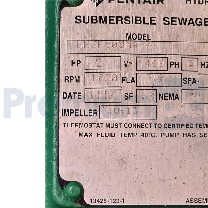 PENTAIR HYDROMATIC HPGF500M4-4 SUBMERSIBLE SEWAGE PUMP 5HP 460V 515111147 NSMP