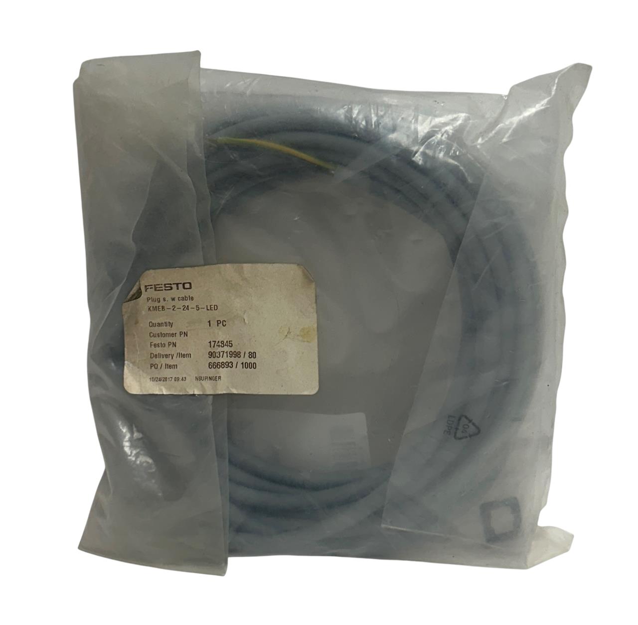 FESTO KMEB-2-24-5-LED / 174845 PLUG SOCKET W/ 5M CABLE FOR VALVE OEM NSMP