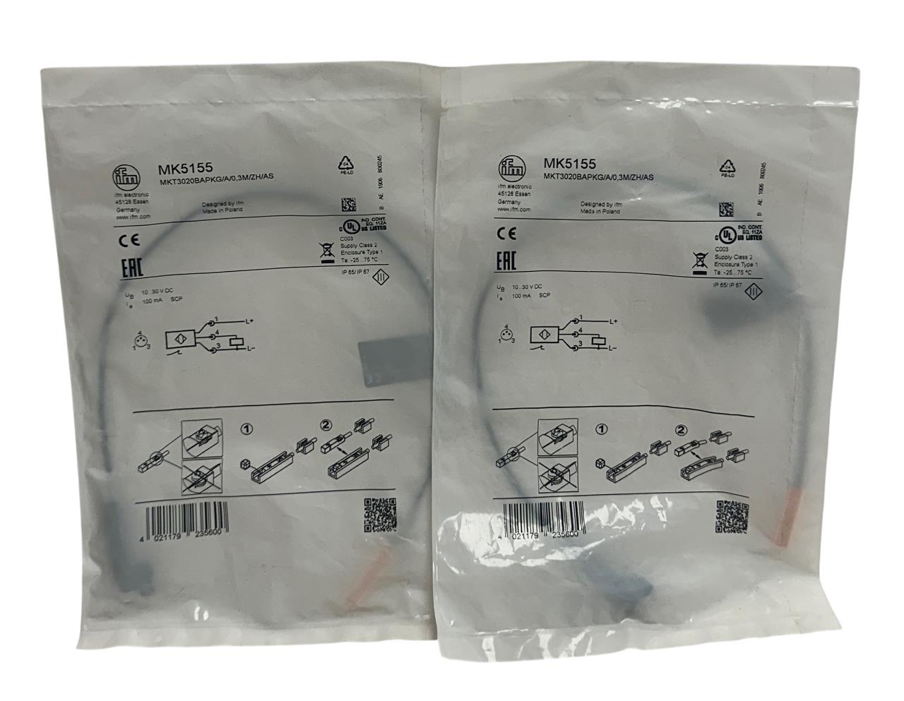 2 IFM MKT3020BAPKG/A/0,3M/ZH/AS / MK5155 T-SLOT CYLINDER SENSORS 10-30VDC NSFS