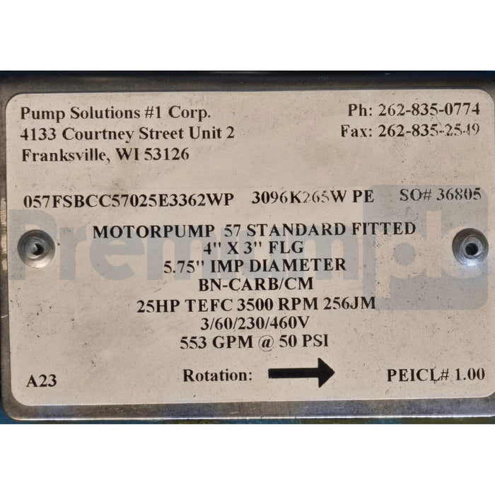 SCOT PUMP 57 MOTORPUMP 4"X3" FLG 5.75"IMP DIA. 553GPM@50PSI WEG 25HP W22 MOTOR