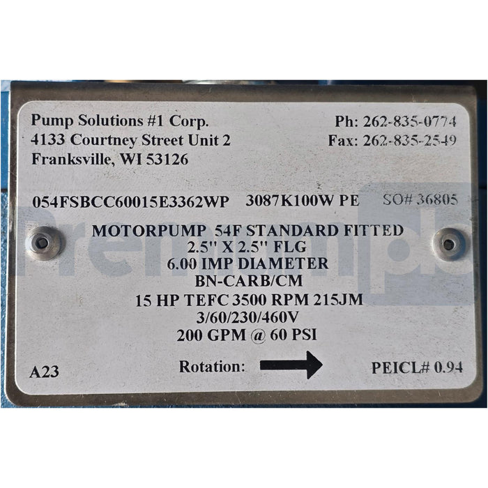 SCOT PUMP 54F MOTORPUMP 2.5"X2.5"FLG 6" IMP DIA. 200GPM@60PSI WEG 15HP W22 MOTOR