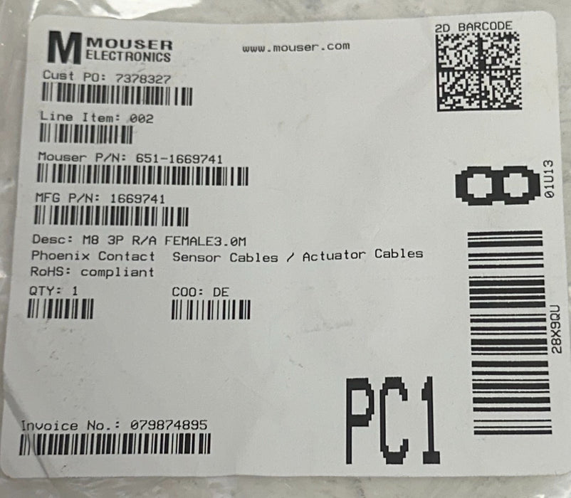 PHOENIX CONTACT SAC-3P-3,0-PUR/M 8FR / 1669741 SENSOR / ACTUATOR CABLE 3M NSNP