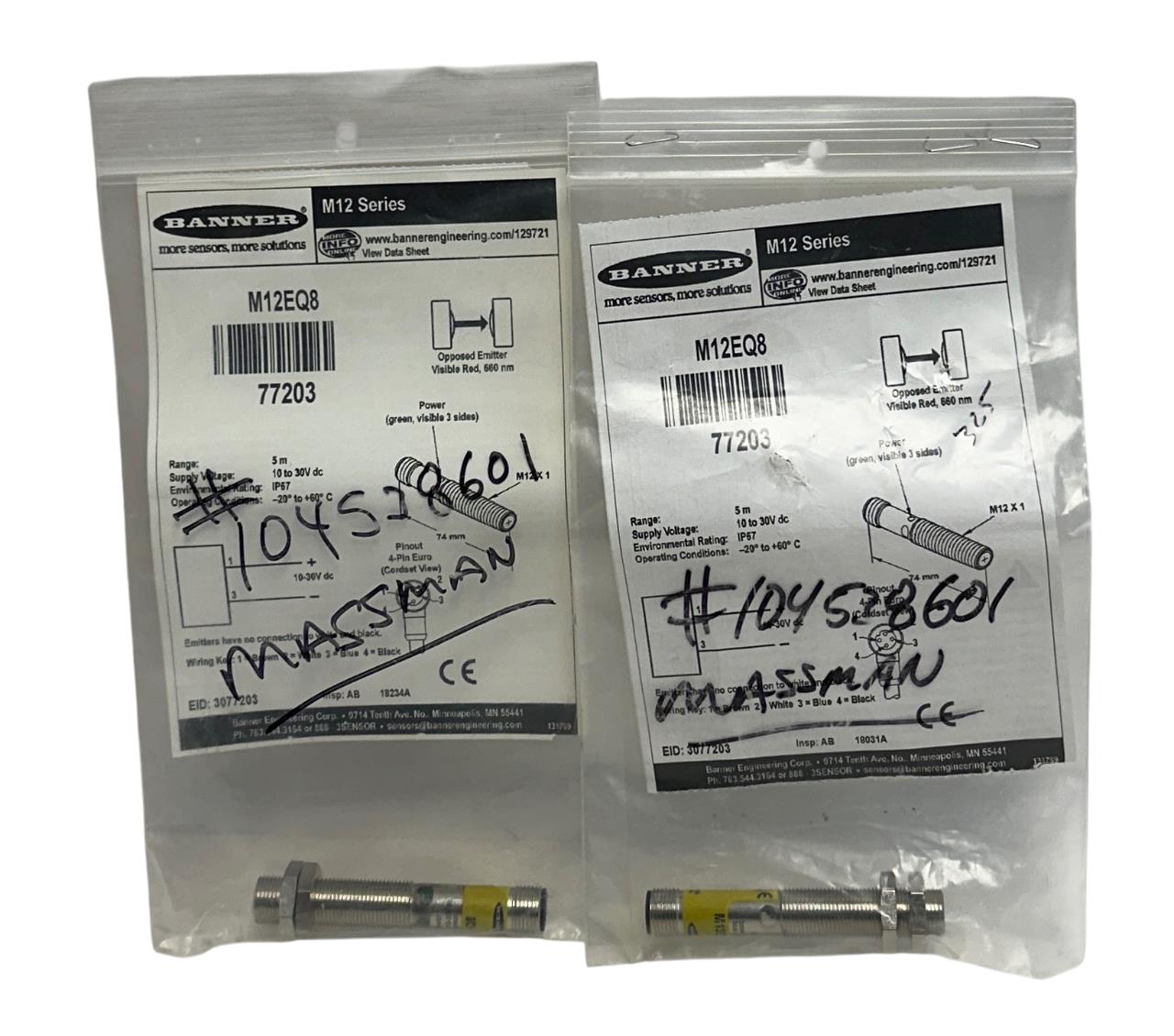 2 BANNER M12EQ8 / 77203 EMITTERS M12 SERIES 5M RANGE 10-30VDC RED NSMP