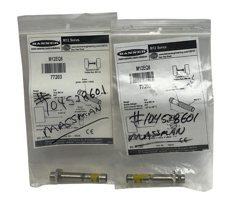 2 BANNER M12EQ8 / 77203 EMITTERS M12 SERIES 5M RANGE 10-30VDC RED NSMP