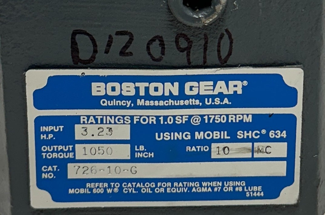 BOSTON GEAR 726-10-G / 51738 RIGHT ANGLE WORM GEAR SPEED REDUCER 10:1 RATIO NSNP