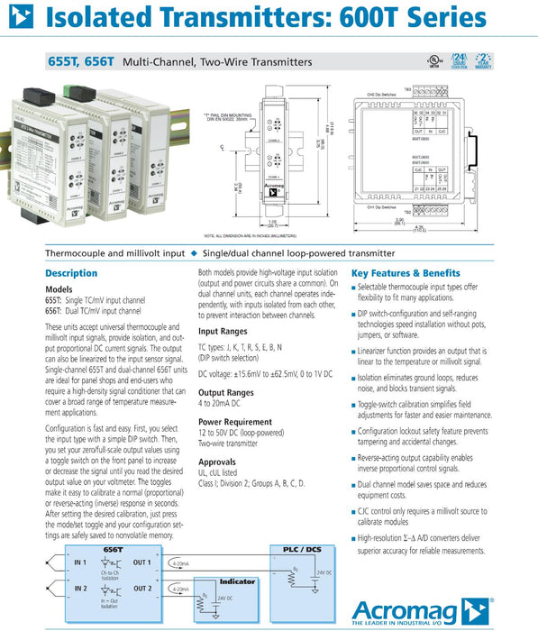 ACROMAG 656T-0600 600T DUAL TC/mV INPUT, TWO-WIRE TRANSMITTER 656T0600 NSMP