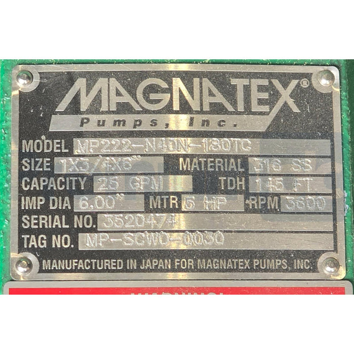MAGNATEX MP222-N40N-180TC MAG-DRIVE MP-Series MAGNETIC DRIVE PUMP 1x3/4-6" 25GPM