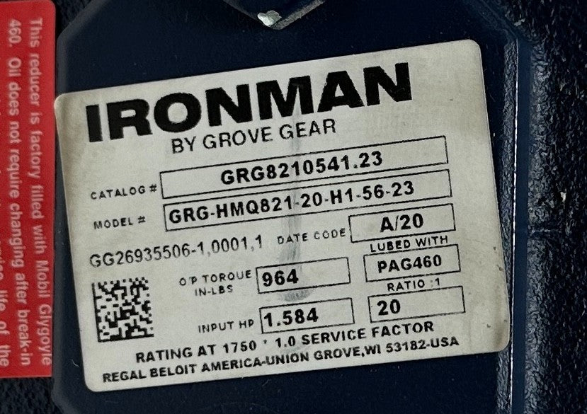 GROVE GEAR IRONMAN GRG-HMQ821-20-H1-56-23 / GRG8210541.23 WORM REDUCER 20:1 NSNP