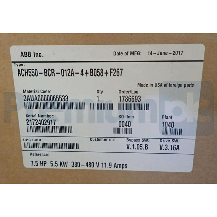 ABB ACH550-BCR-012A-4+B058+F267 ACH550 HVAC AC DRIVE 7.5 HP, 380-480V 11.9A NSMP