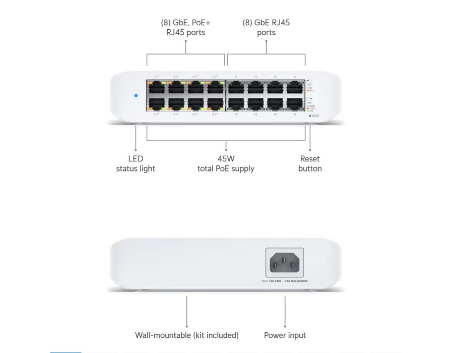Ubiquiti UniFi USW-Lite-16-POE (45W) Lite 16 PoE 16-port Layer 2 PoE Switch NSMP