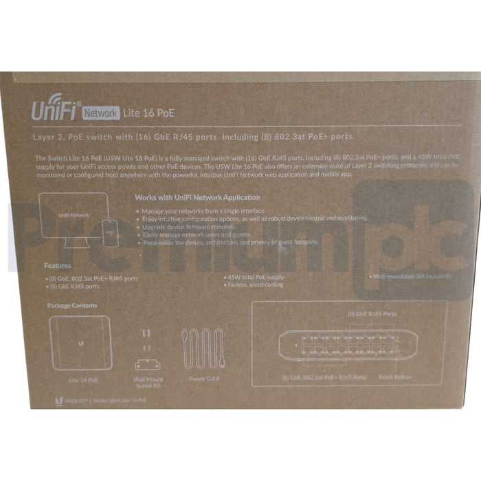 Ubiquiti UniFi USW-Lite-16-POE (45W) Lite 16 PoE 16-port Layer 2 PoE Switch NSMP