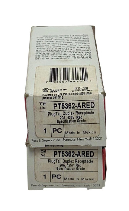 2 PASS & SEYMOUR LEGRAND PT5362-ARED / PT5362ARED DUPLEX RECEPTACLES 20A NSMP