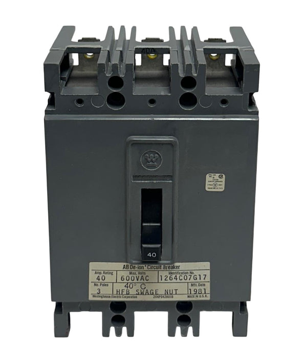 WESTINGHOUSE HFB3040-U / 1264C07G17 AB De-ion CIRCUIT BREAKER 40A 600VAC NSMP