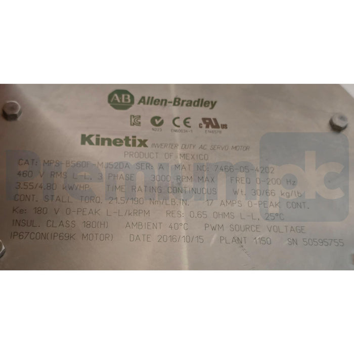 ALLEN BRADLEY MPS-B560F-MJ52DA /A Kinetix MPS S/S AC SERVO MOTOR 460V 4.8HP NSNP