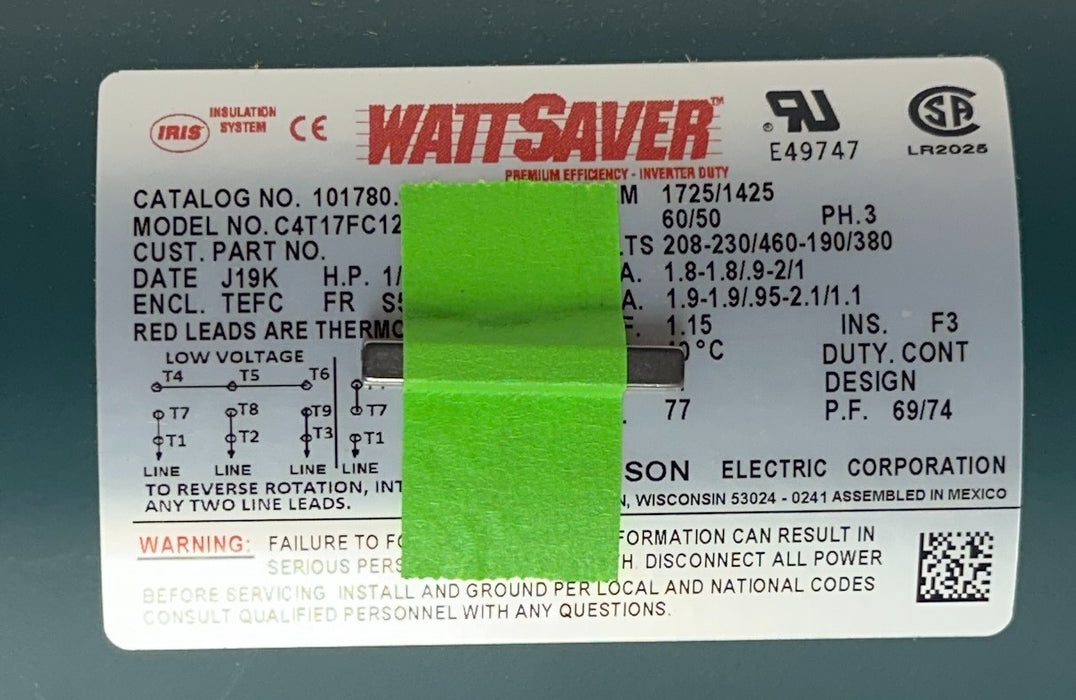 LEESON 101780.00 / C4T17FC12C WATTSAVER ELECTRIC MOTOR 1/2HP 3PH 5/8'' NSMP