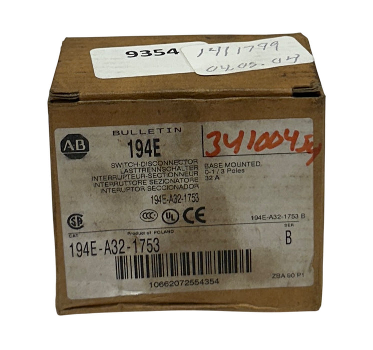 ALLEN BRADLEY 194E-A32-1753 /B BULLETIN 194E SWITCH-DISCONNECTOR 32A 3P NSMP