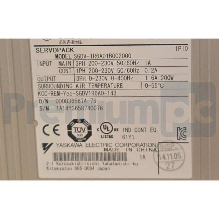 YASKAWA ELECTRIC SGDV-1R6A01B002000 SIGMA-5 SERVOPACK SERVO AMPLIFIER 200V NSMP