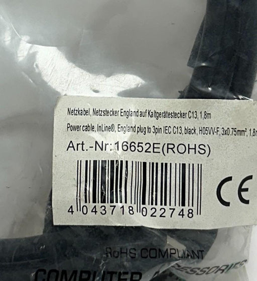 2 INLINE 16652E POWER CABLES UK/ENGLAND PLUG TO IEC-C13 1.8M LENGTH NSMP