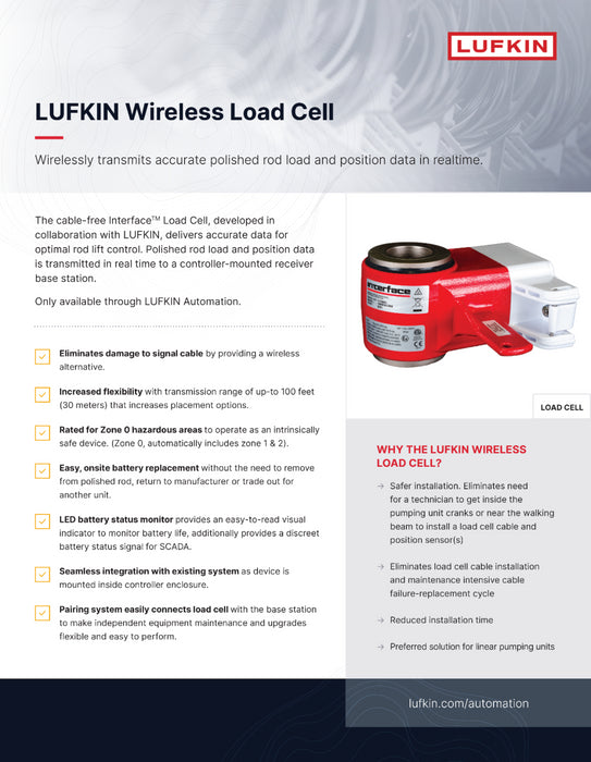 LUFKIN INTERFACE 1925FXE-30K WIRELESS POLISHED ROD LOAD CELL + POSITION NSMP