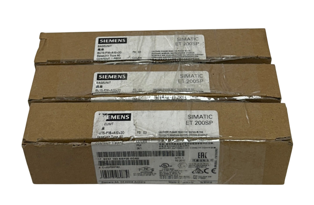 3 SIEMENS 6ES7 193-6BP20-0DA0 SIMATIC ET200SP BASE UNITS 24VDC PUSH-IN 10A NSMP