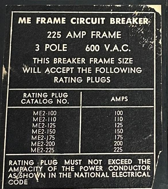 SQUARE D ME236G ME FRAME CIRCUIT BREAKER 225A FRAME 600VAC ME2-200 PLUG USNP