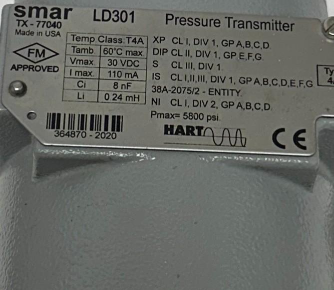 SMAR LD301 HART SMART PRESSURE TRANSMITTER 1/2'' W/ LONE STAR MANIFOLD ASSY USNP