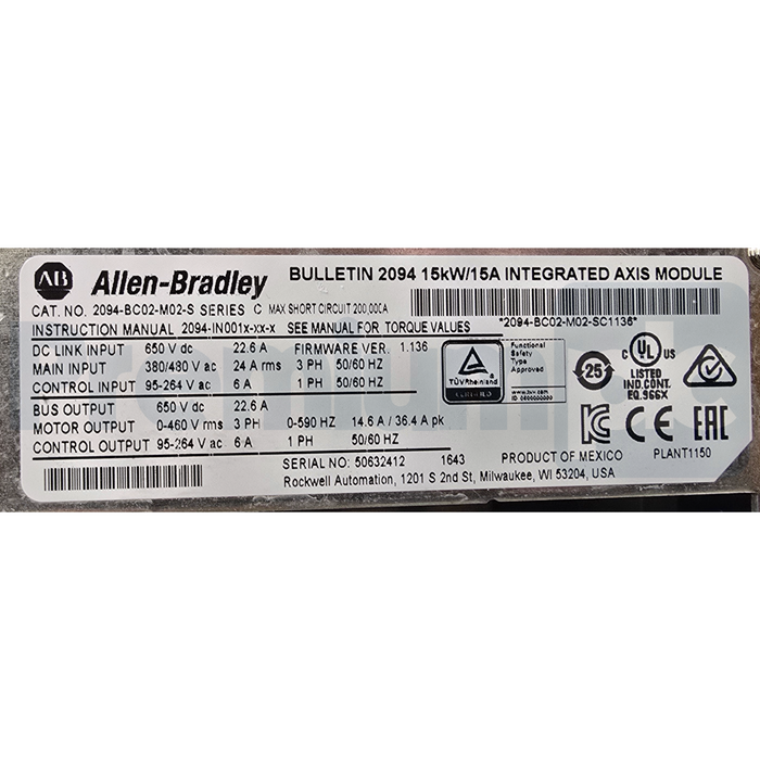 ALLEN BRADLEY 2094-BC02-M02-S /C Kinetix 6000 INTEGRATED AXIS MODULE 460V NSMP