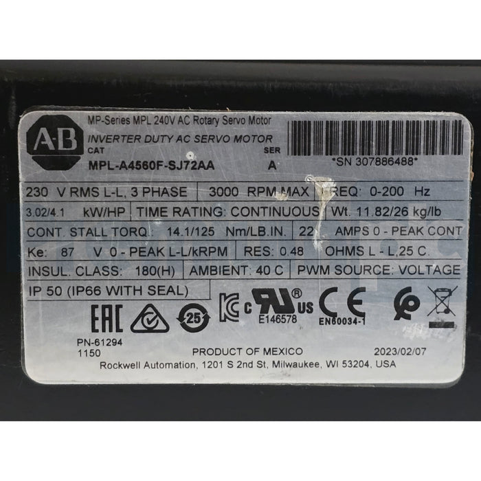 ALLEN BRADLEY MPL-A4560F-SJ72AA /A Kinetix MPL AC SERVO MOTOR 230V NSNP (read)