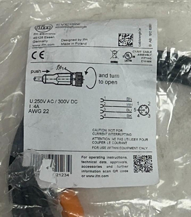 5 IFM ADOGH040MSS0005H04 / EVC002 FEMALE CORDSETS 5M 250VAC/300VDC NSMP