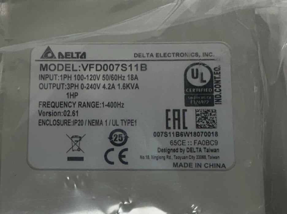 DELTA VFD007S11B S SERIES VARIABLE FREQUENCY DRIVE 0.75kW/1.0HP S1 100-120V NSMP