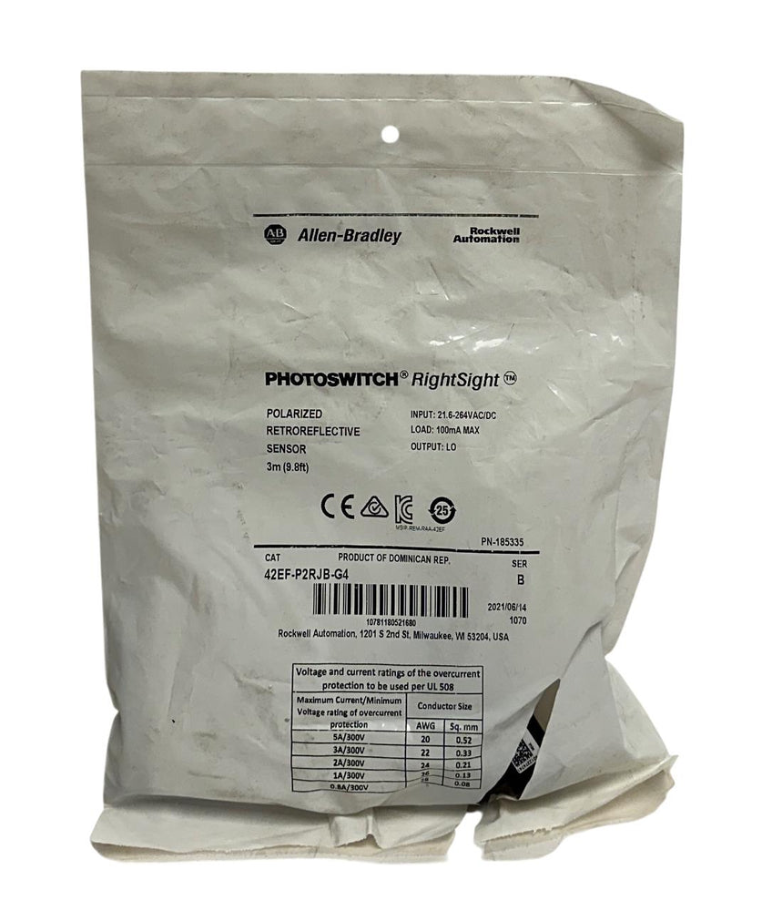 ALLEN BRADLEY 42EF-P2RJB-G4 /B PHOTOSWITCH RightSight POLARIZED SENSOR 3M NSMP