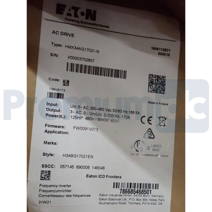 Eaton C-H HMX34AG17021-N H-Max AC Drive HVAC VFD 125HP 170A 3P 480V NEMA-1 NSMP