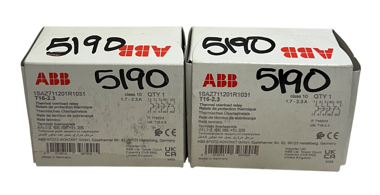 2 ABB T16-2.3 / 1SAZ711201R1031 THERMAL OVERLOAD RELAYS 1.7-2.3A CLASS 10 NSMP