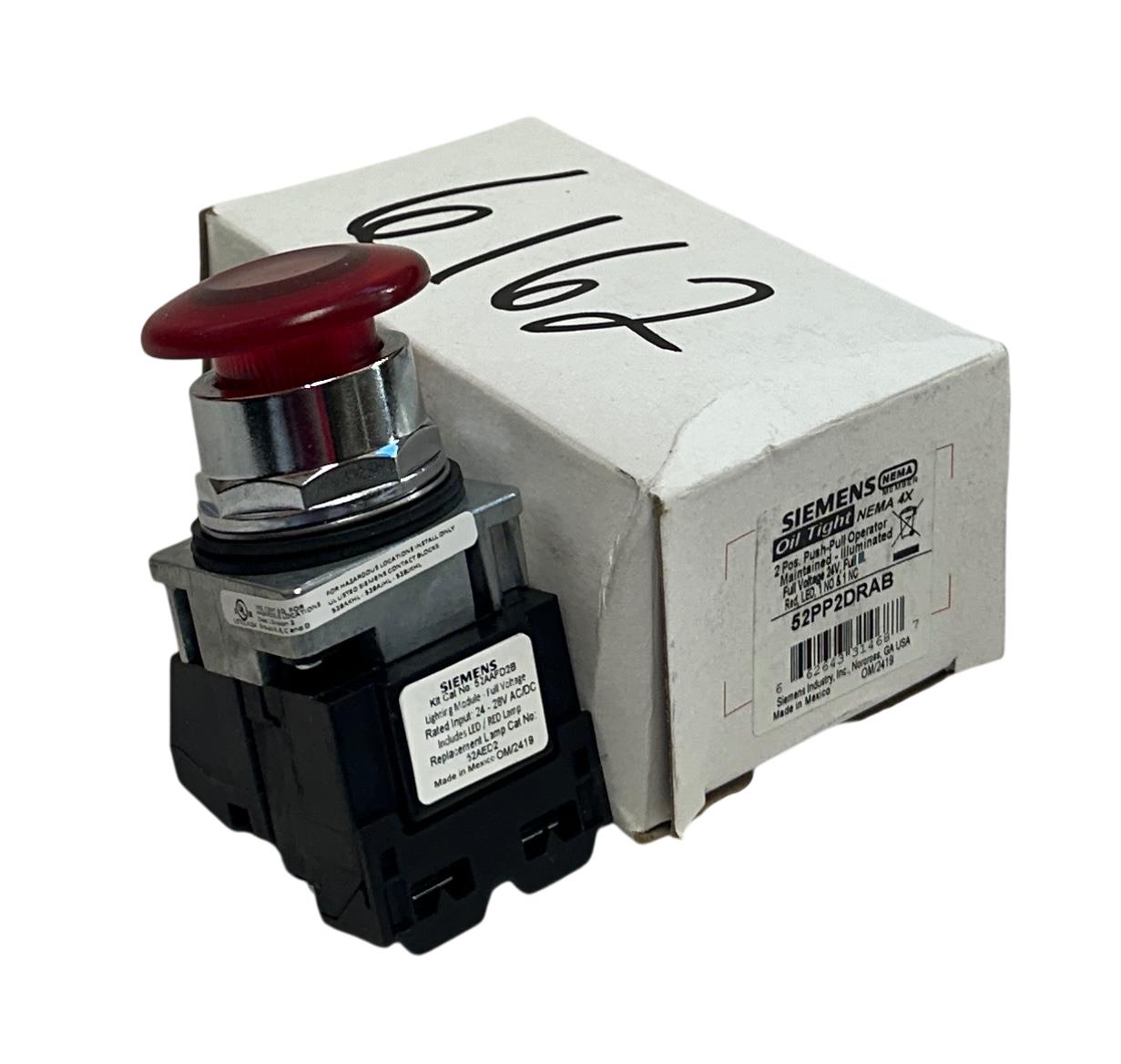 SIEMENS 52PP2DRAB Oil Tight PUSH-PULL OPERATOR PUSH BUTTON 24V RED 2-POS NSMP