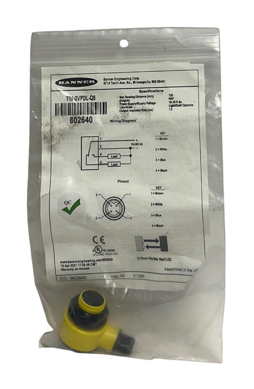 BANNER T18-2VPDL-Q8 / 802640 WASHDOWN PHOTOELECTRIC SENSOR T18-2 SERIES PNP NSMP
