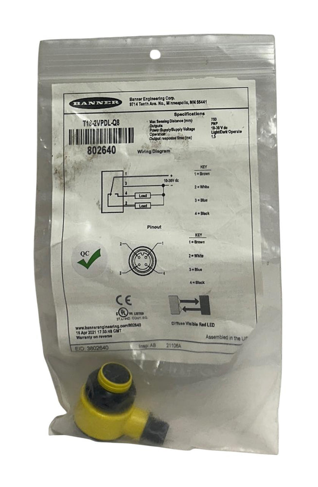 BANNER T18-2VPDL-Q8 / 802640 WASHDOWN PHOTOELECTRIC SENSOR T18-2 SERIES PNP NSMP
