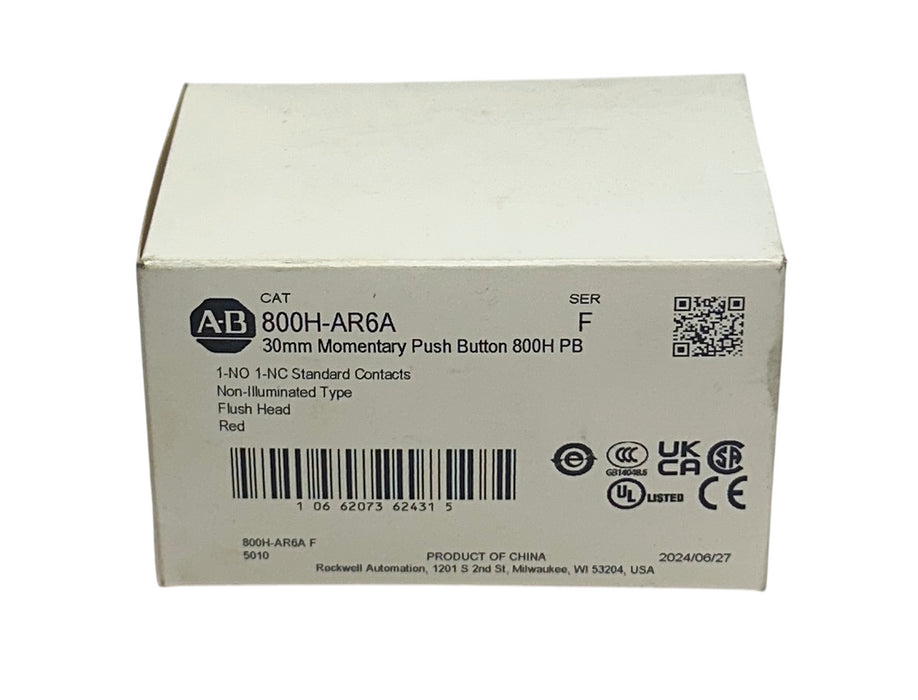 ALLEN BRADLEY 800H-AR6A /F 30mm MOMENTARY PUSH BUTTON 800H PB FLUSH RED NSMP